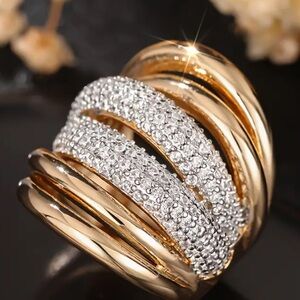 Thick Band 18k Gold Finish & Pave’ Crystal Ring 6